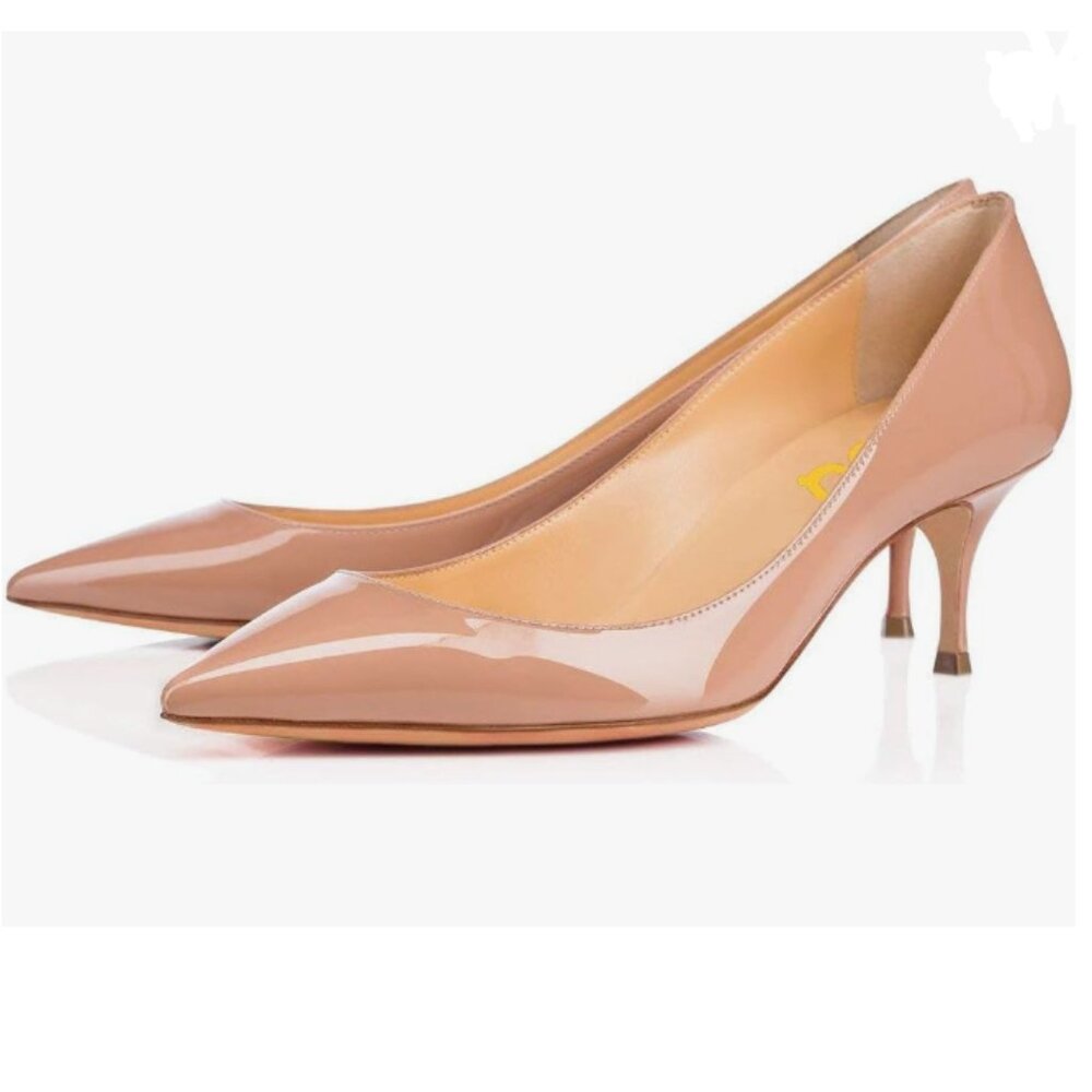 FSJ Nude Patent Pointed-Toe Kitten Heels
